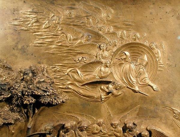 Historien om Adam, detalje af Gud Fader med engle, fra et af de originale paneler fra østdørene i døbefonten af Lorenzo Ghiberti