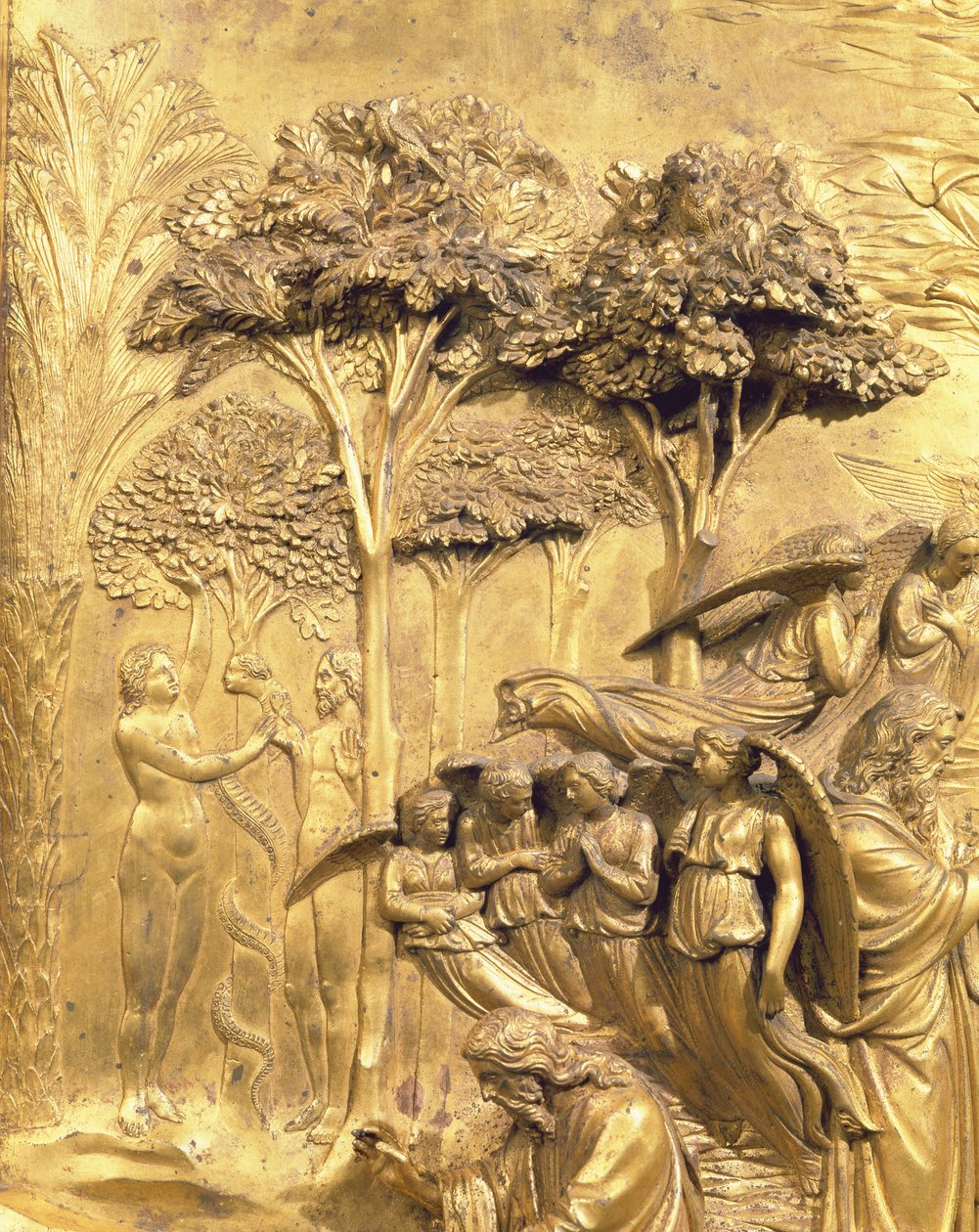 The Story of Adam, detalje af The Temptation of Adam and Eva, fra et af de originale paneler fra Baptistery East Doors, 1425-52 restaurering af forgyldt bronze af Lorenzo Ghiberti