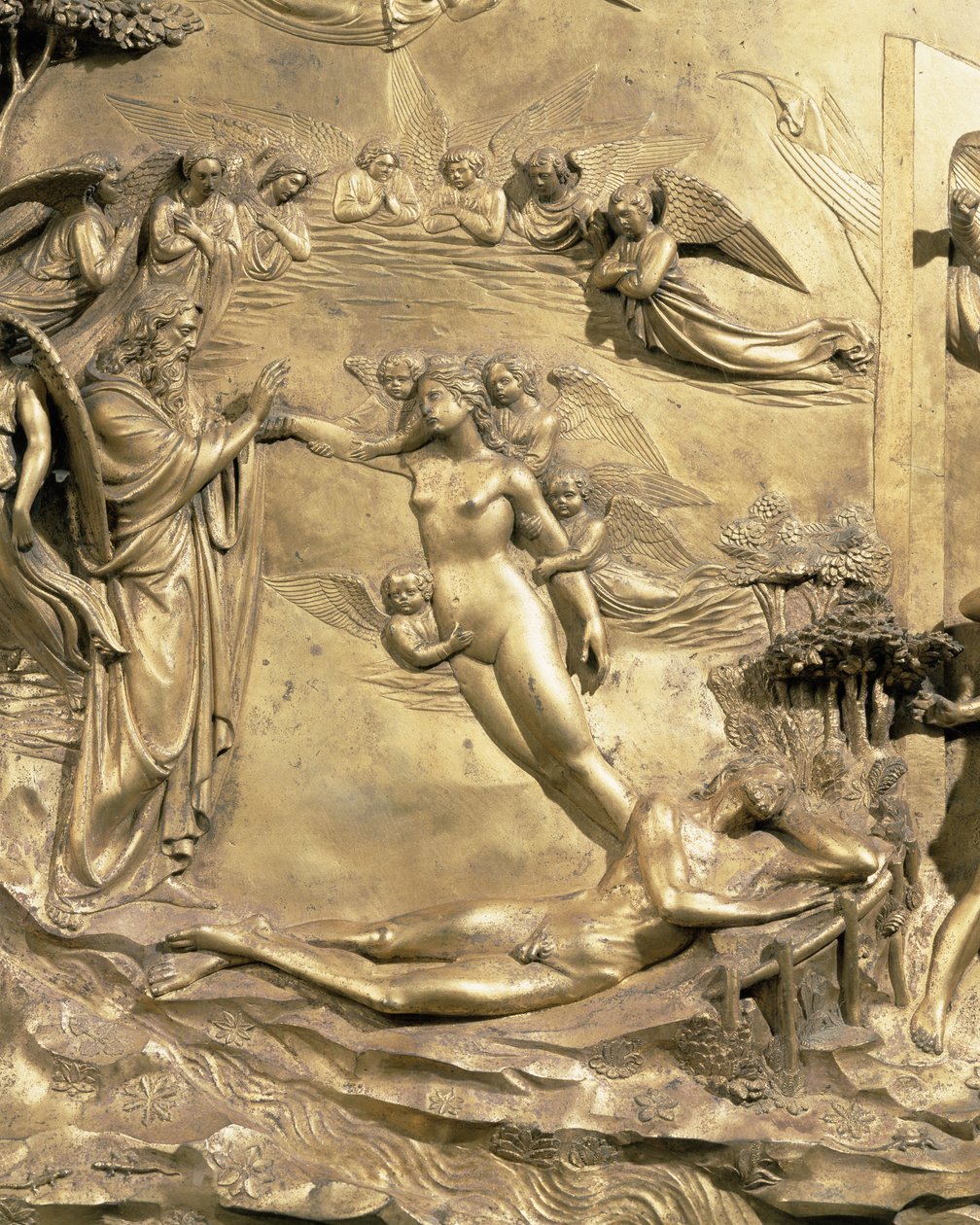 Historien om Adam, detalje af Evas skabelse, fra et af de originale paneler fra dåbskapellets østdøre, 1425-52 restaurering af forgyldt bronze af Lorenzo Ghiberti