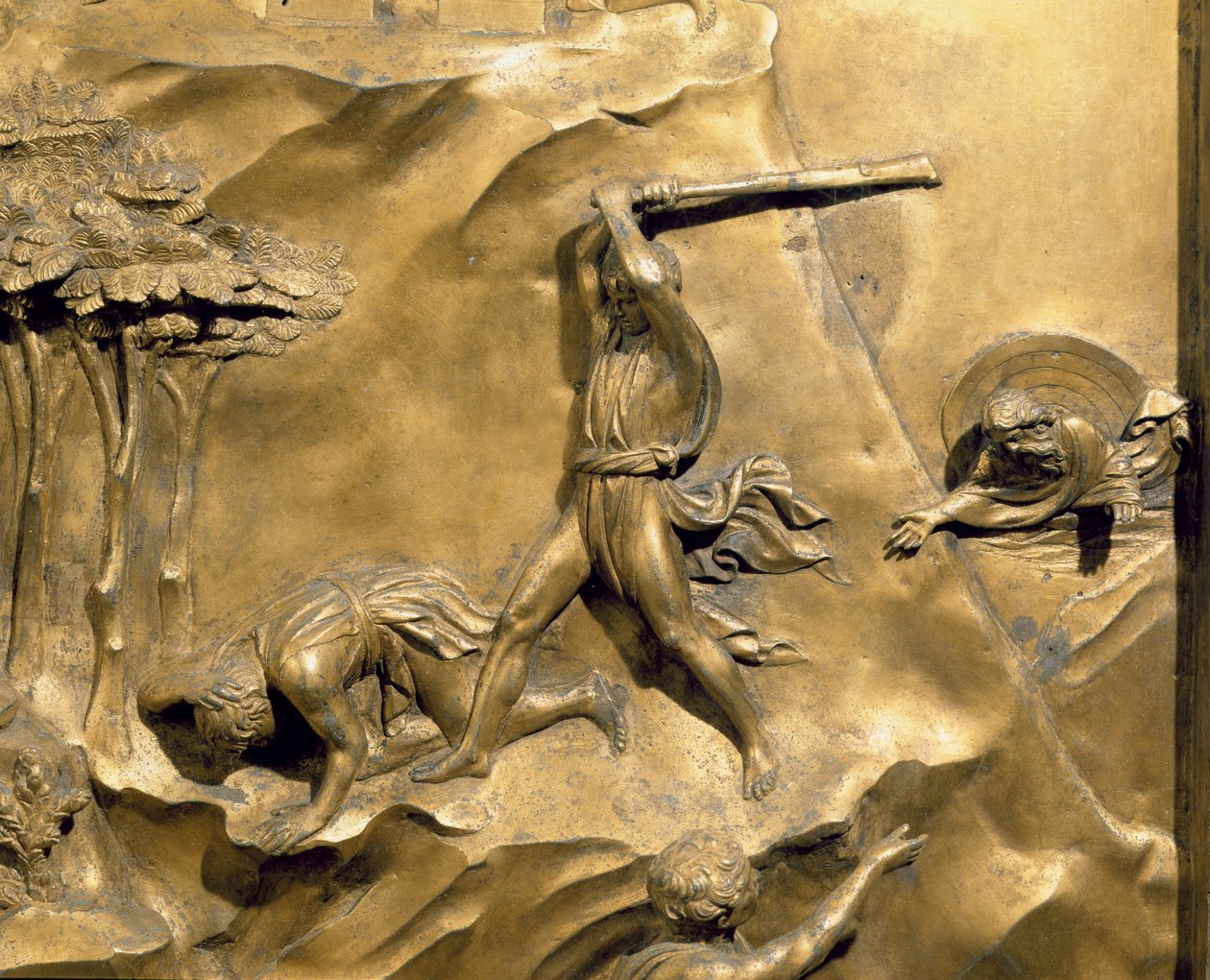 Historien om Kain og Abel, detalje fra drabet på Abel, originalt panel fra dåbskapellets østdøre, restaurering af forgyldt bronzestolpe 1425-52 af Lorenzo Ghiberti