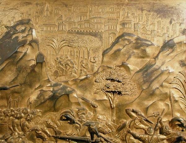Historien om David og Goliat, baggrundsdetaljer fra det originale panel fra dåbskapellets østdøre af Lorenzo Ghiberti
