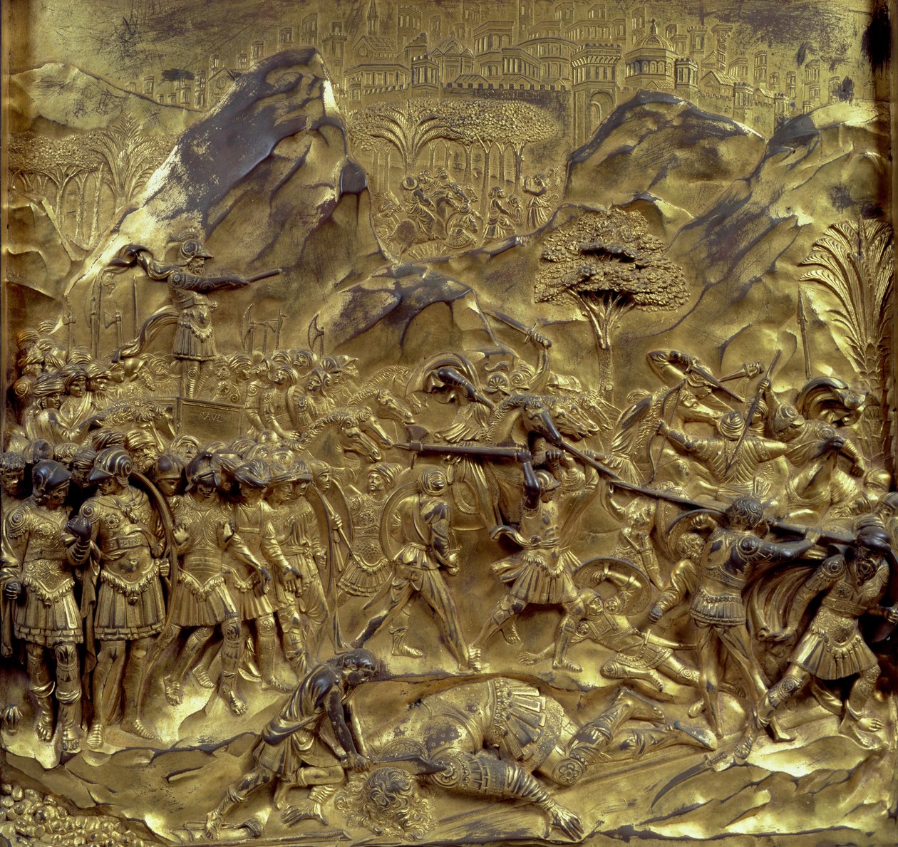 Historien om David og Goliat, et af ti reliefpaneler fra Paradisets porte (østlige døre), 1425-52 (forgyldt bronze) (se også 87652-59 og 87661-67) af Lorenzo Ghiberti