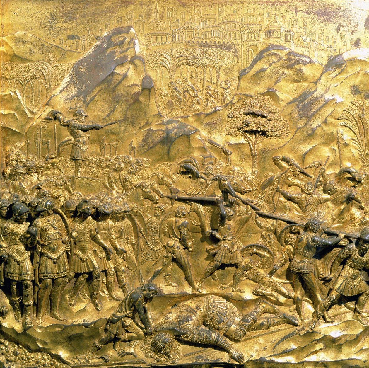 Historien om David og Goliat, originalt panel fra dåbskapellets østdøre, 1425-52 (forgyldt bronze) (efter restaurering) af Lorenzo Ghiberti