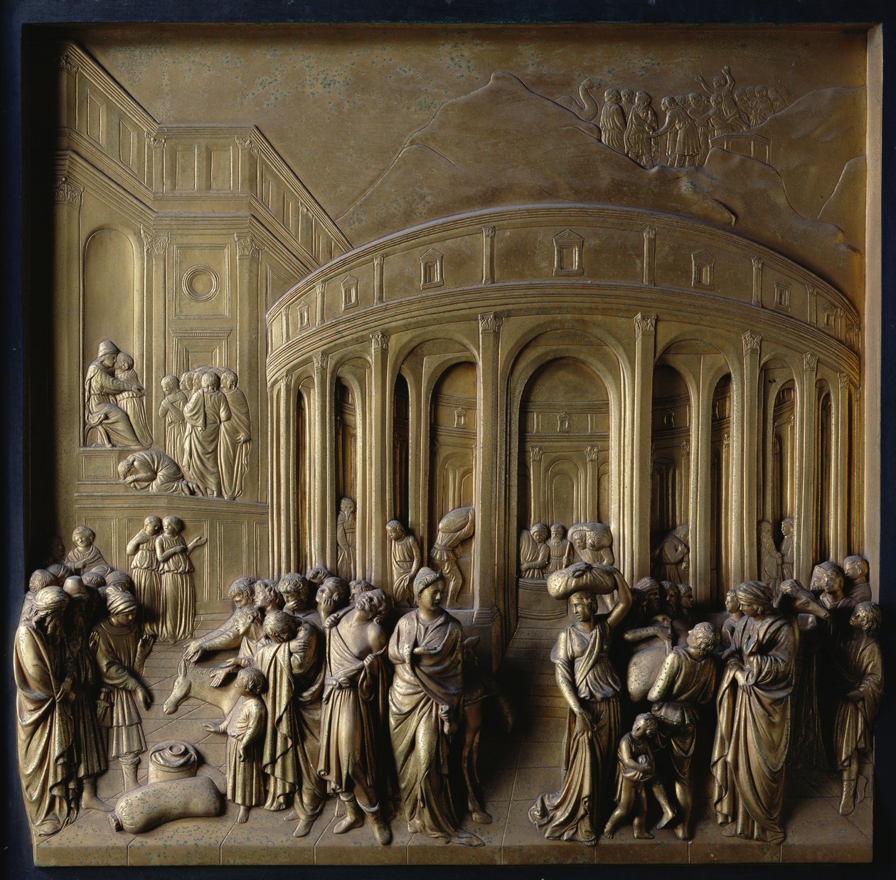 Historien om Joseph: Joseph solgt til slaveri, The Finding of the Silver Cup og Joseph genkendt af sine brødre, et af ti reliefpaneler fra Gates of Paradise af Lorenzo Ghiberti