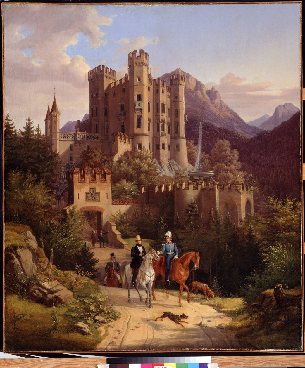 Le prince couronne Maximilien a cheval, Hohenschwangau (Kronprinsen Maximilian rider i Hohenschwangau). Maximilian II af Bayern (1811-1864) foran sit slot Hohenschwangau i Bayern (Tyskland). Maleri af Lorenzo II Quaglio (1793-1869) af Lorenzo II Quaglio