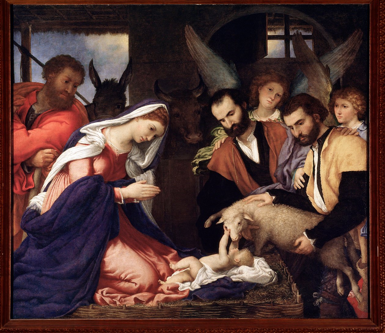 Tilbedelse af hyrderne Jesusbarnet leger med et får - olie på lærred af Lorenzo Lotto
