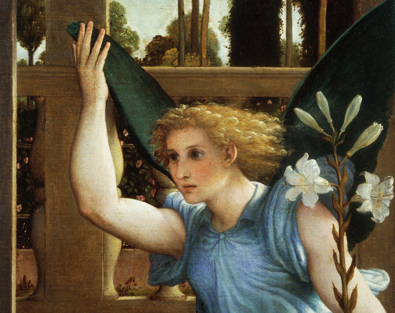 Annoncing Angel, detalje fra bebudelsen, ca 1434, af Lorenzo Lotto (1480-1556), olie på lærred af Lorenzo Lotto