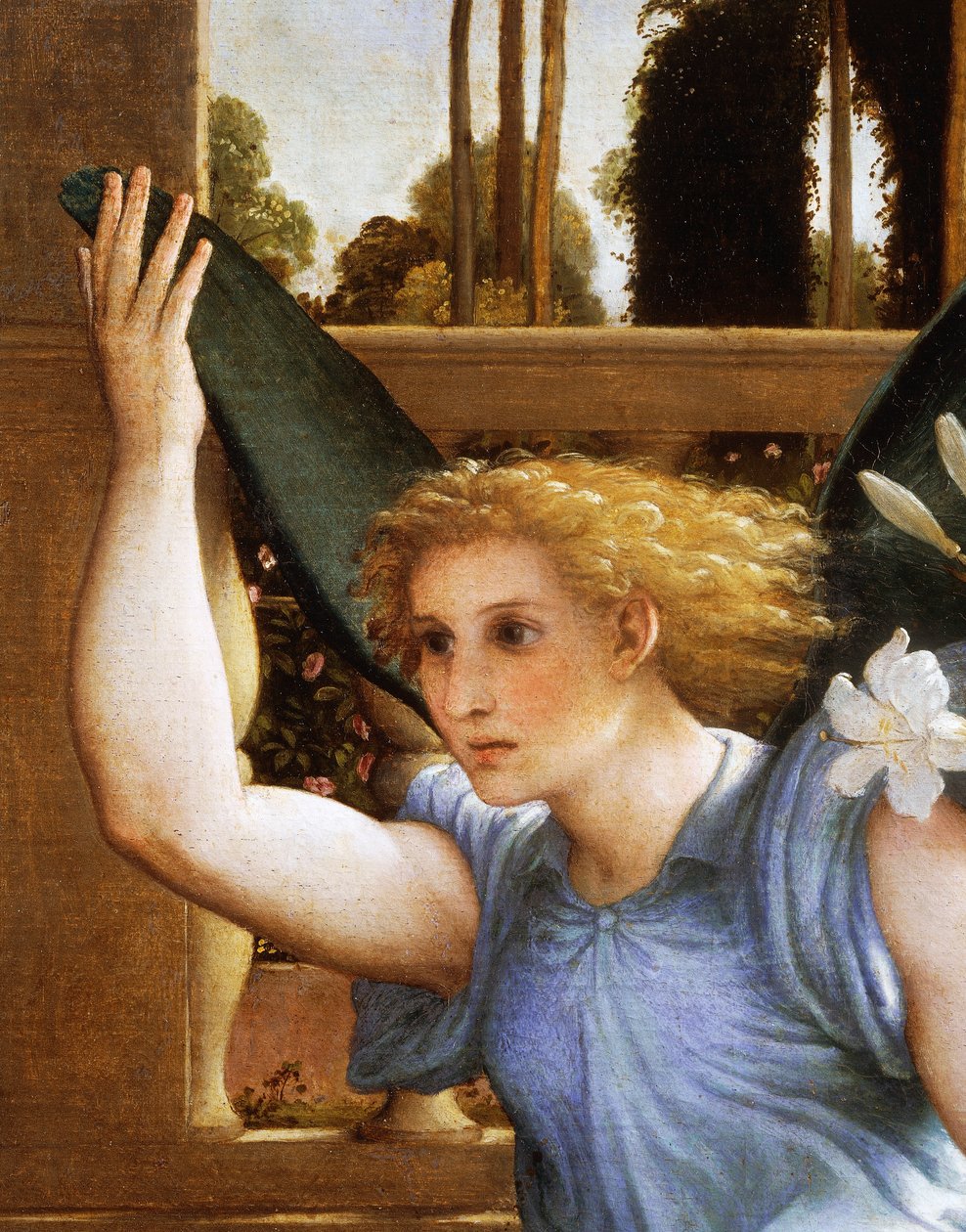 Annoncing Angel, detalje fra bebudelsen, ca 1434, af Lorenzo Lotto (1480-1556), olie på lærred af Lorenzo Lotto