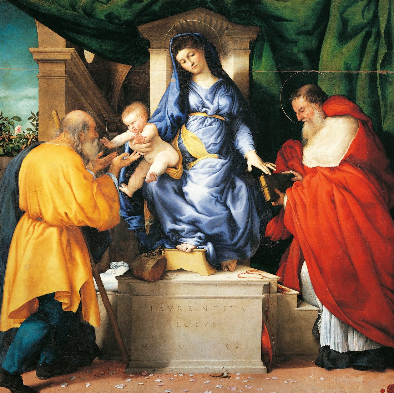 Tronet Madonna og barn med de hellige Giuseppe og Hieronymus, midterpanelet på San Francesco al Montes altertavle, ca. 1525, af Lorenzo Lotto (1480 ca. 1556), olie på lærred af Lorenzo Lotto