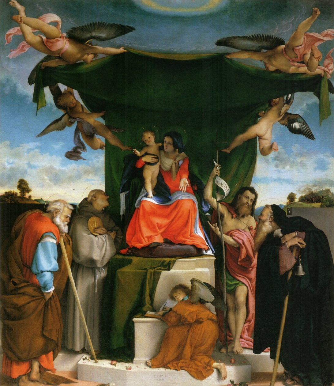 Tysk: Thronende Madonna, Engel und Heilige Madonna tronende med barn, engle og helgener af Lorenzo Lotto