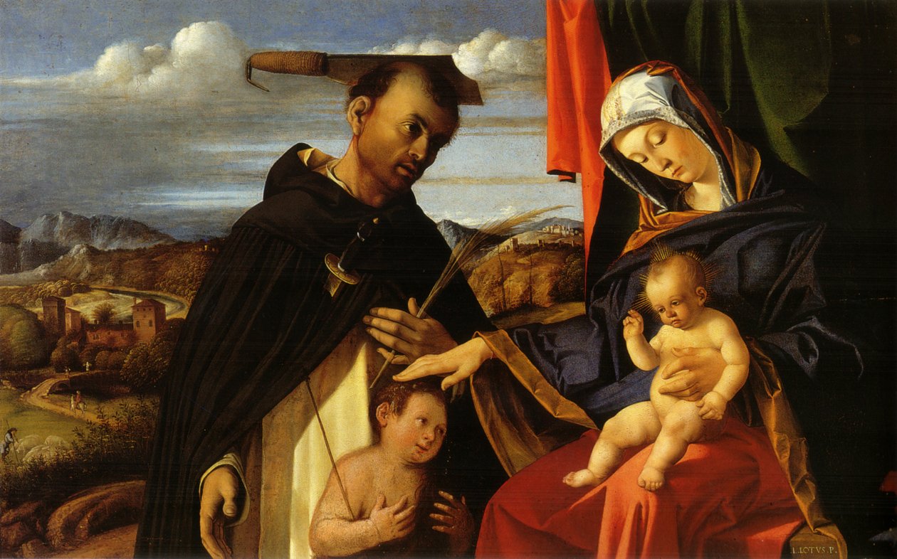 Italiensk:  Madonna col Bambino e San Pietro Martire Madonna og barnet med den unge Johannes Døberen og Sankt Peter Martyr af Lorenzo Lotto