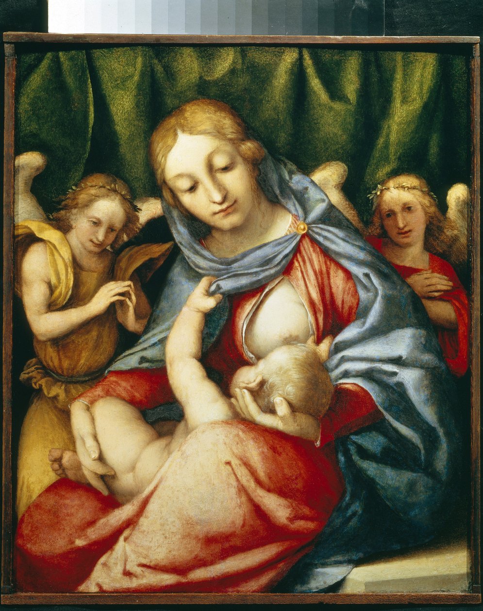 Jomfruen, der dier. (Madonna Del latte). Maleri af Lorenzo Lotto (1480-1556), olie på lærred, ca. 1520. Italiensk kunst (Venedig) af Lorenzo Lotto