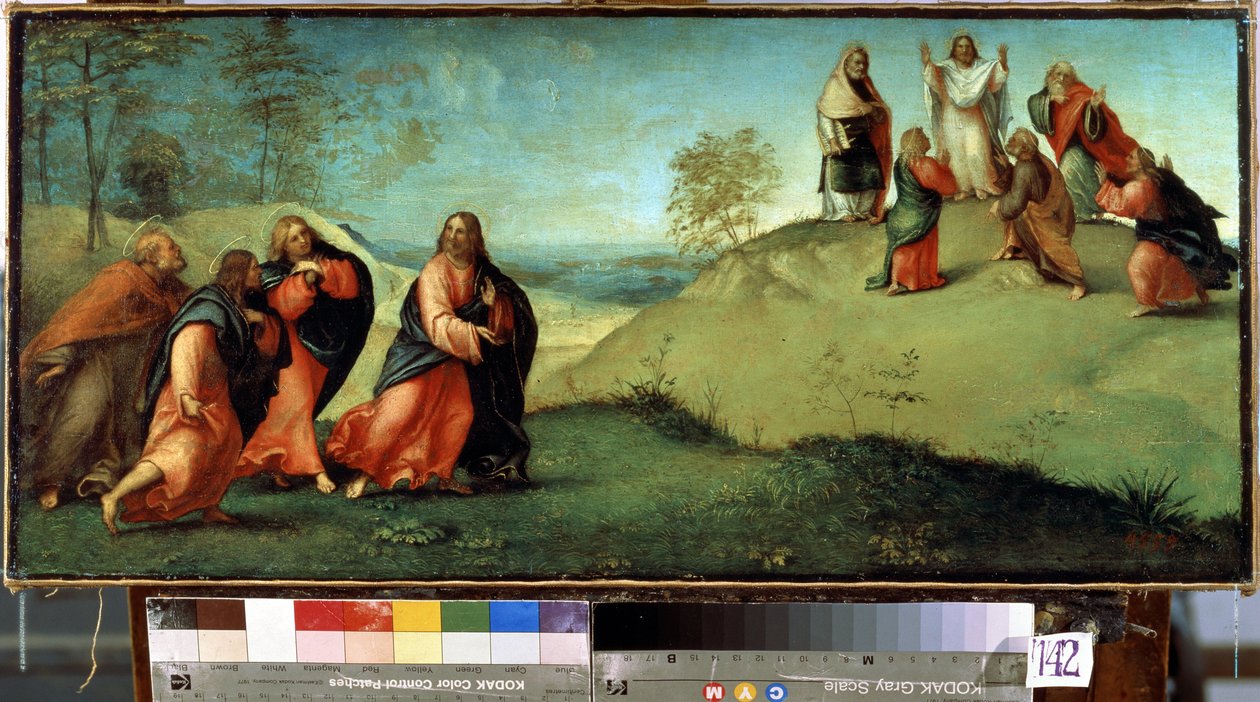 Kristus leder apostlene til Tabor-bjerget. Stedet for Kristi forvandling i Israel. Maleri af Lorenzo Lotto (1480-1556) af Lorenzo Lotto