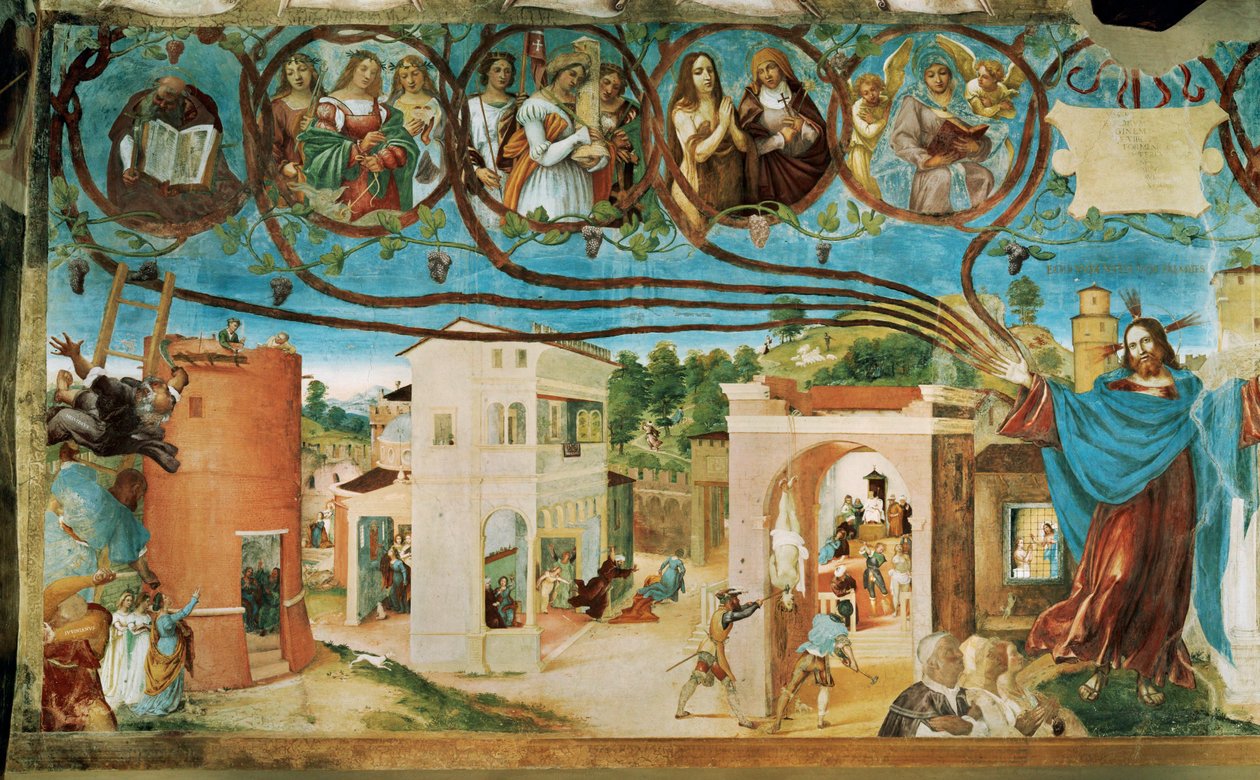Venstre side af Capella Suardi, Santa Barbara-kirken i Bergamo ... (vægmaleri) af Lorenzo Lotto