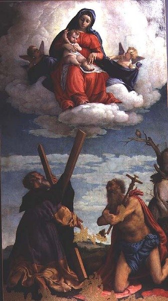 Madonna og Child in Glory med St. Andrew og St. Jerome af Lorenzo Lotto