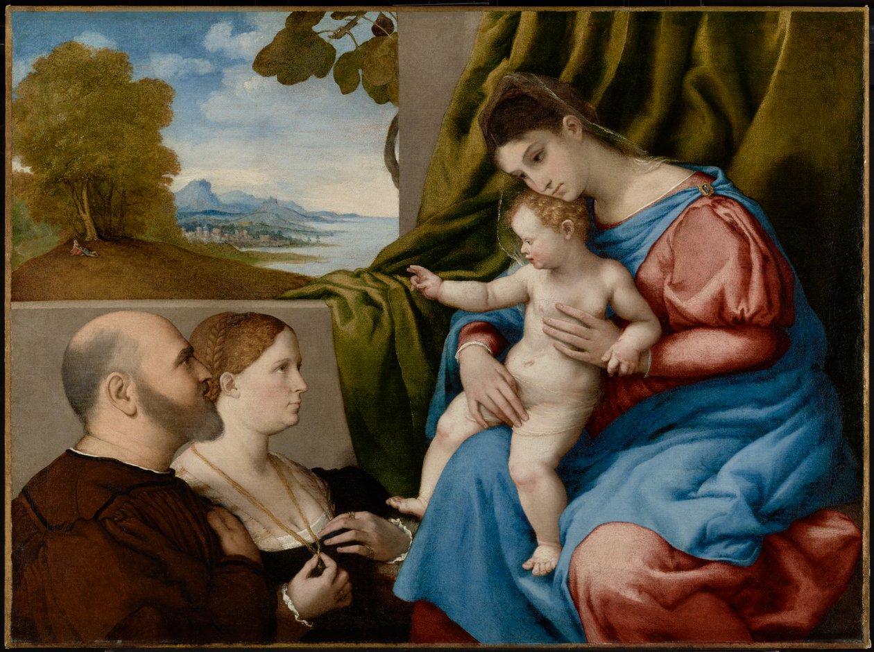 Madonna og barn med to donorer af Lorenzo Lotto