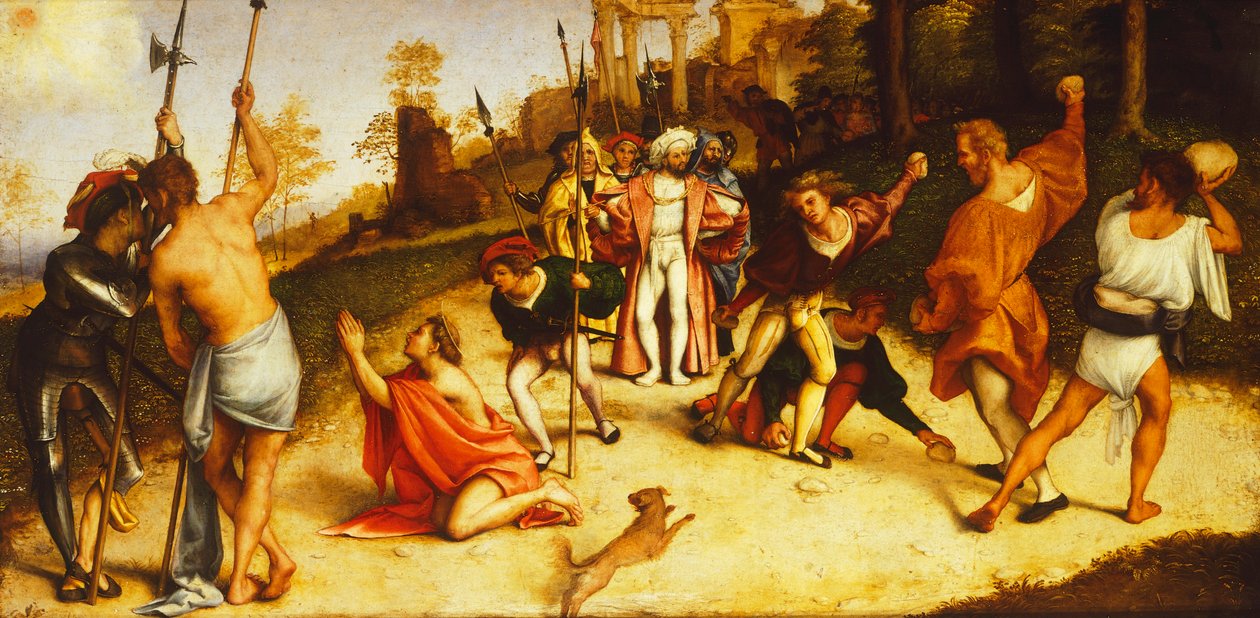 Martyrdom of St Stephen, division af Martinengo altertavle af Lorenzo Lotto (1480 ca. 1556), olie på panel, 51x97 cm, ca. 1516 af Lorenzo Lotto