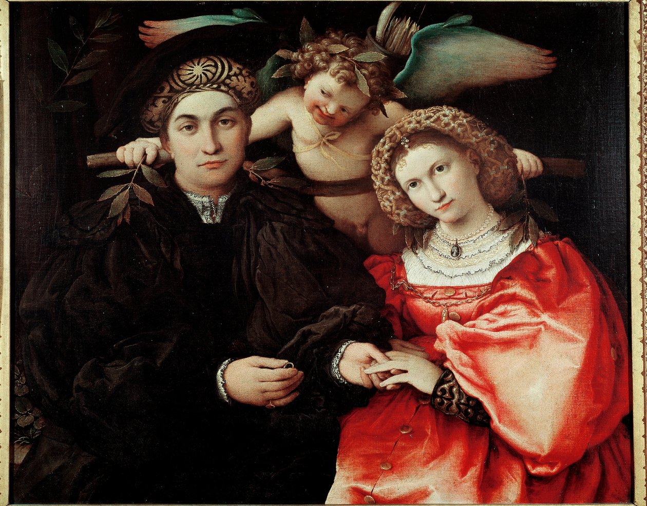 Mester Marsilio (Marsilio Cassotti) og hans hustru (Faustina) Olie på træ af Lorenzo Lotto (ca. 1480-1556) 1523 Dim. 71x84 cm Madrid, Musee du Prado- Portrætter af Marsilio Cassotti og hans kone Faustina. Maleri af Lorenzo Lotto (1480-1556). Olie på træ, 7 af Lorenzo Lotto