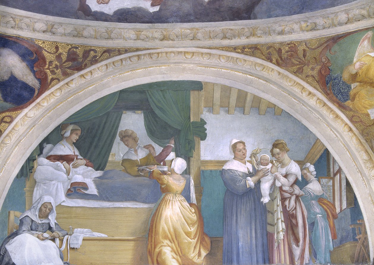 Jomfruens fødsel, lunette fra Lotto-kapellet, 1525 af Lorenzo Lotto