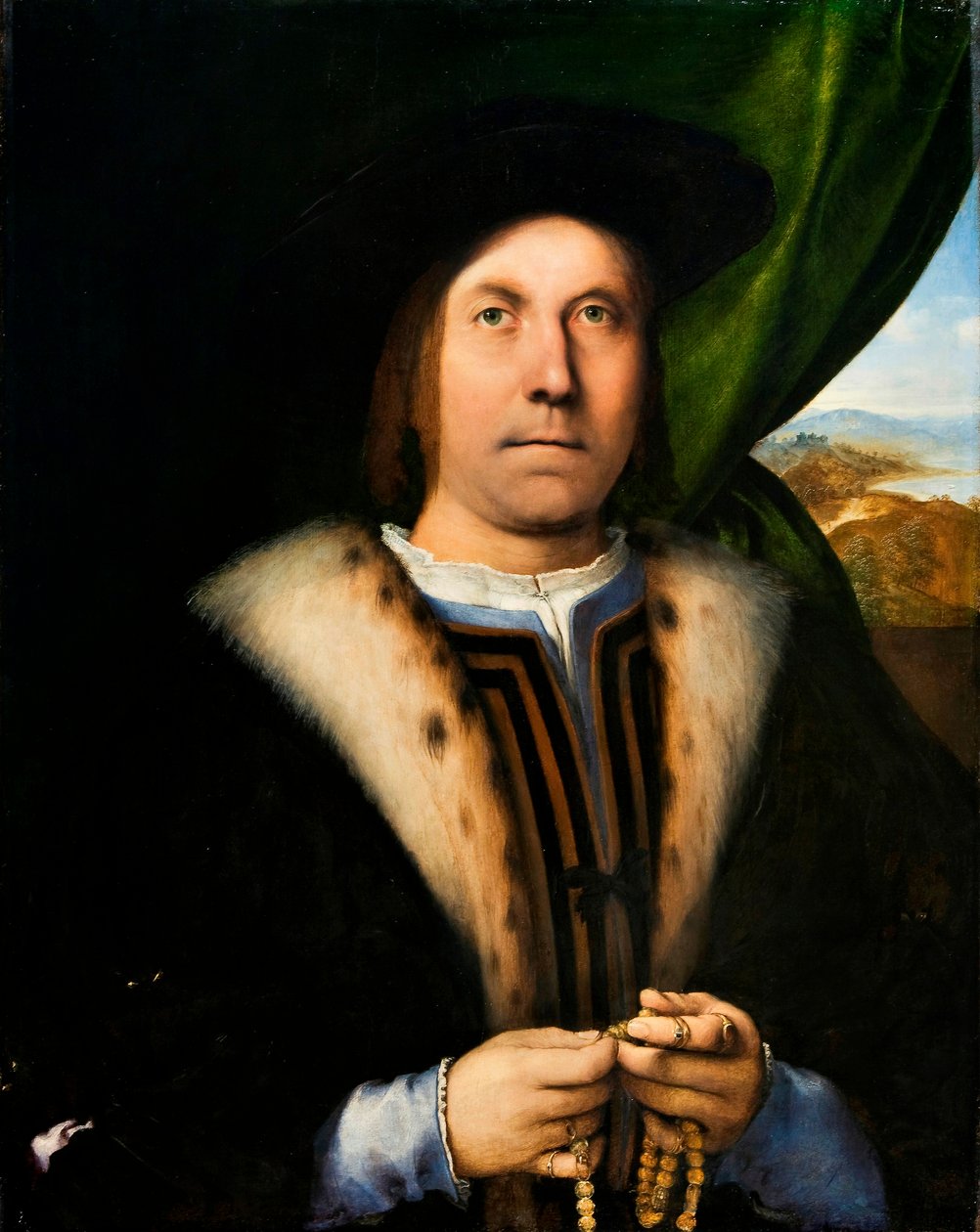 Portræt af en mand med rosenkrans, ca. 1520 (olie på panel) af Lorenzo Lotto
