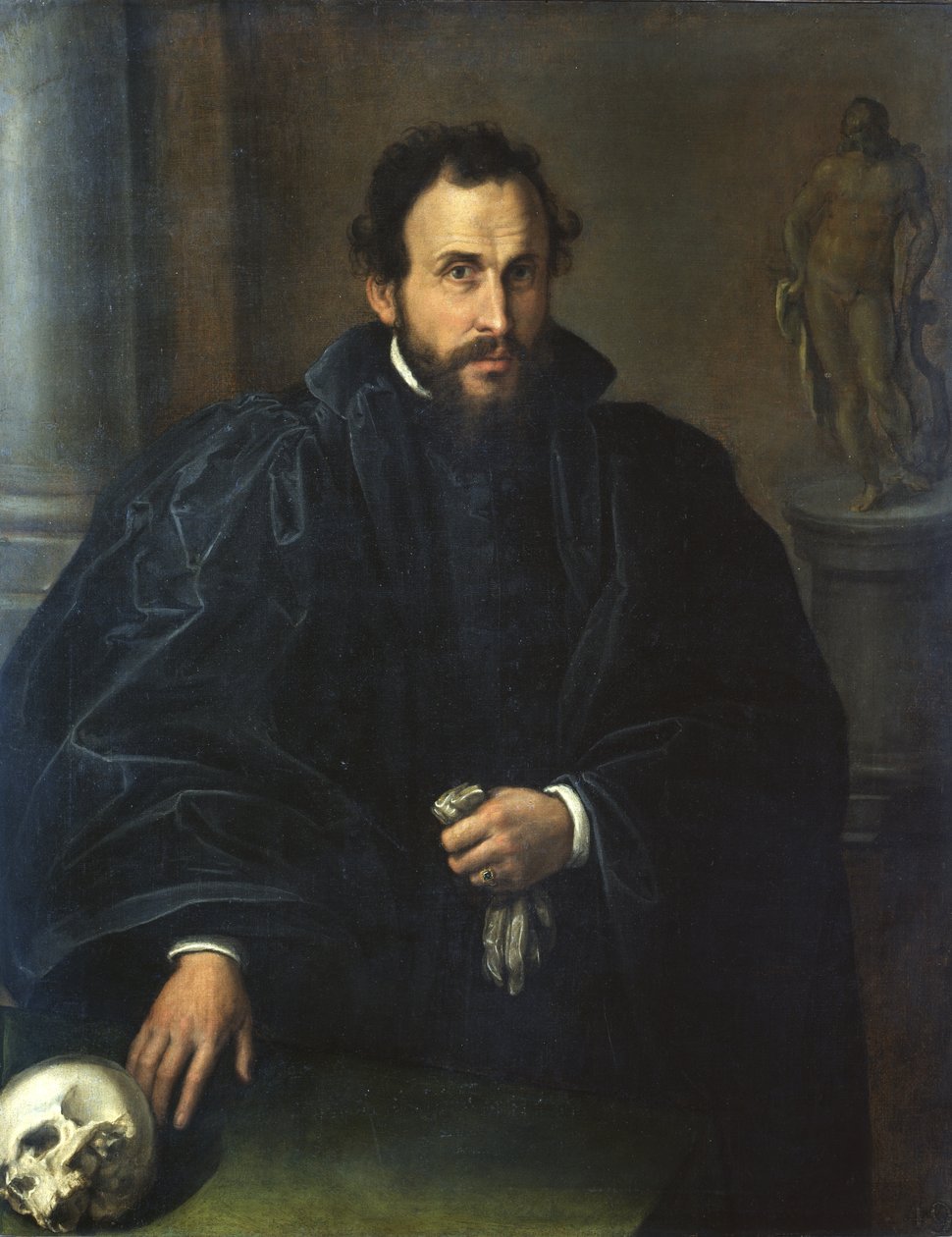 Portræt af en mand med kranie, ca. 1545 af Lorenzo Lotto