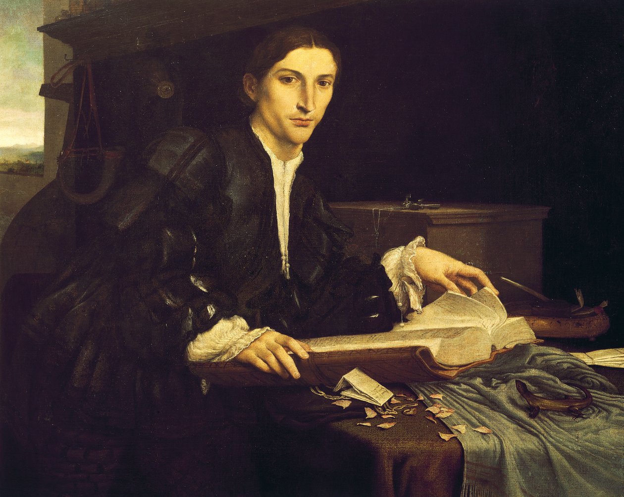 Portræt af en ung herre i sit atelier af Lorenzo Lotto