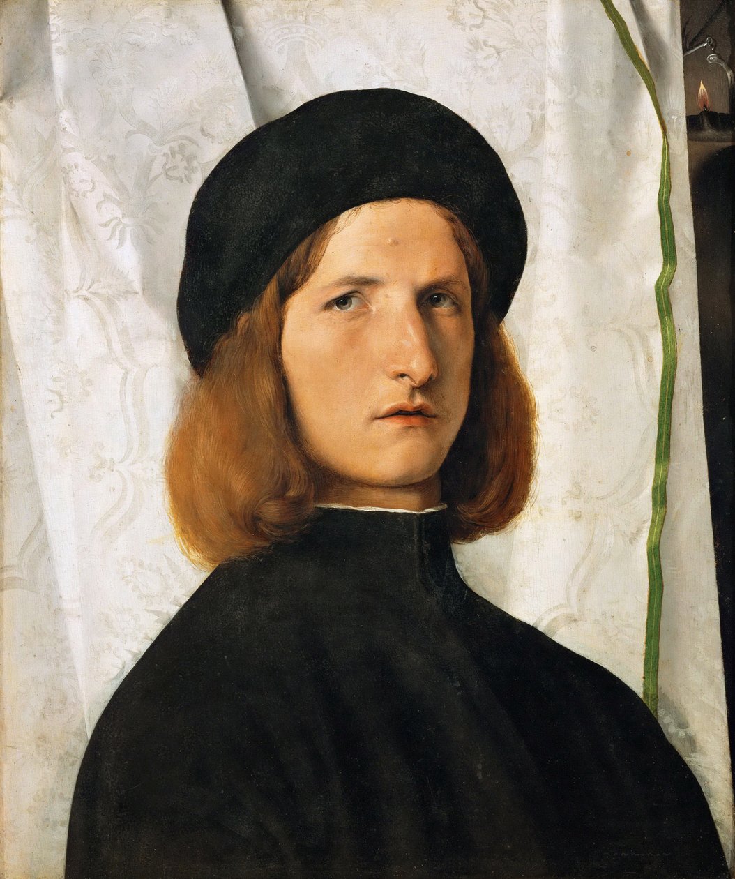 Renæssance: Portræt af en ung mand mod et hvidt gardin par Lotto, Lorenzo (1480-1556), ca. 1508. Olie på træ, 42,3x35,3. Kunsthistorisk museum, Vienne af Lorenzo Lotto