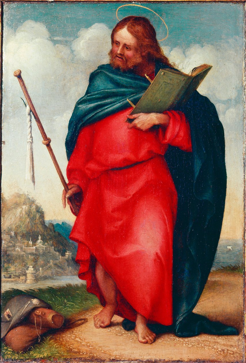Repræsentation af Sankt Jakob Pelerin Dette er Sankt Jakob Major eller Sankt Jakob, søn af Zebedæus. Maleri af Lorenzo Lotto (ca. 1480-1556) 1510-1512 Dim. 20x15 cm Recanati, Pinacoteca af Lorenzo Lotto