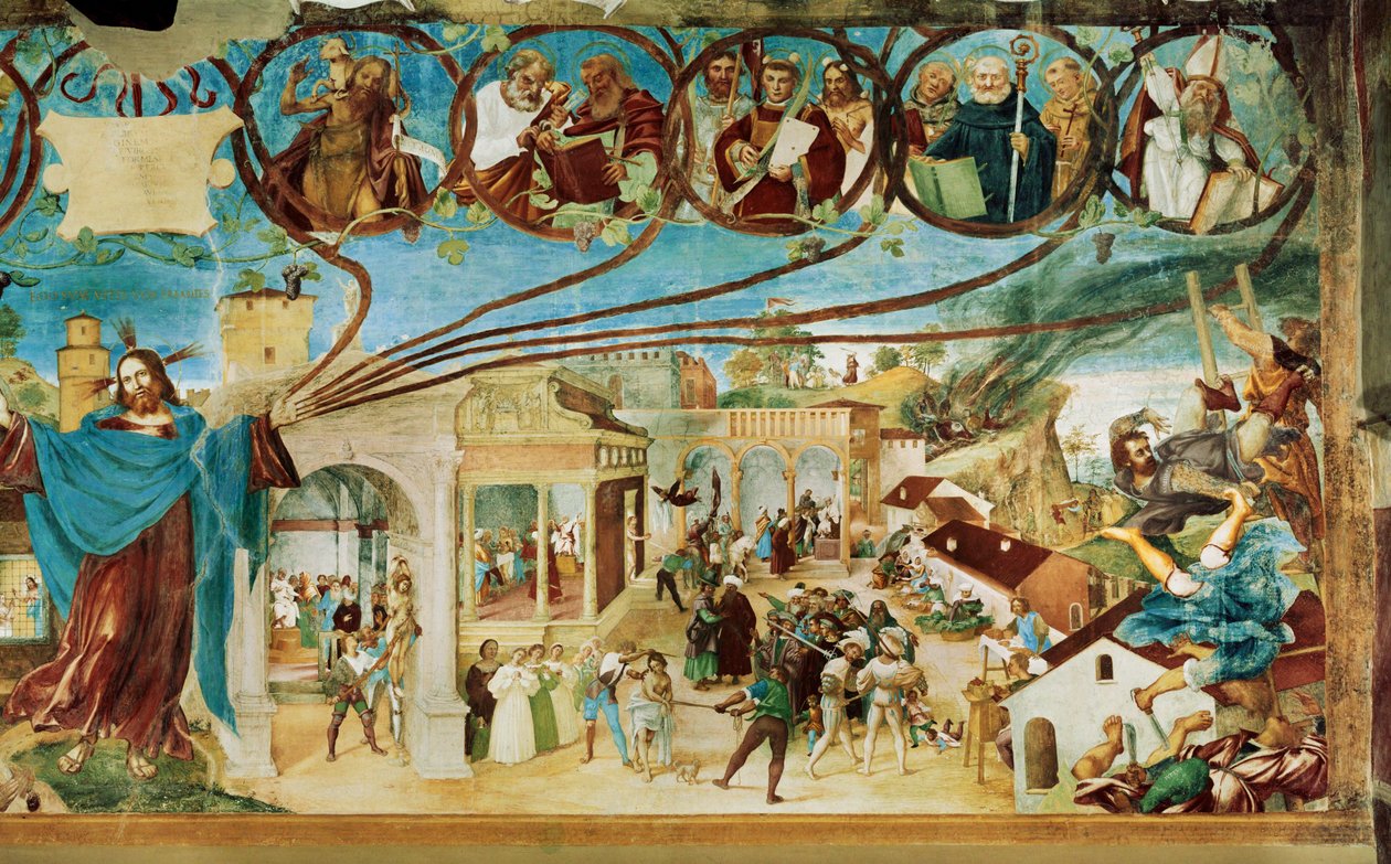 Højre side af Capella Suardi, Santa Barbara-kirken i ... (vægmaleri) af Lorenzo Lotto