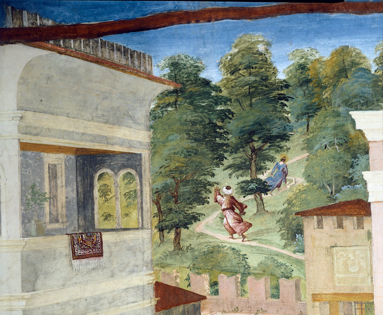 Sankt Barbara jages gennem skove, Christ-Vine og Legend of Saint Barbara af Lorenzo Lotto (ca 1480 - 1556), fresco, detaljer Villa Suardi, Suardi Chapel, Trescore Balneario, Italien af Lorenzo Lotto