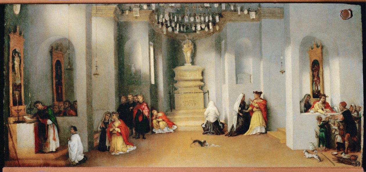 Den hellige Lucia ved den hellige Agathas grav, hvor hun beder om
hendes mor må blive helbredt (maleri på træ) af Lorenzo Lotto