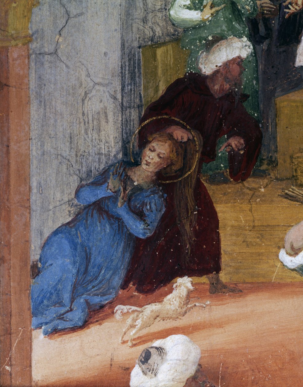 Santa Barbara bliver slæbt i håret foran dommeren, detaljer fra Stories of Saint Barbara af Lorenzo Lotto