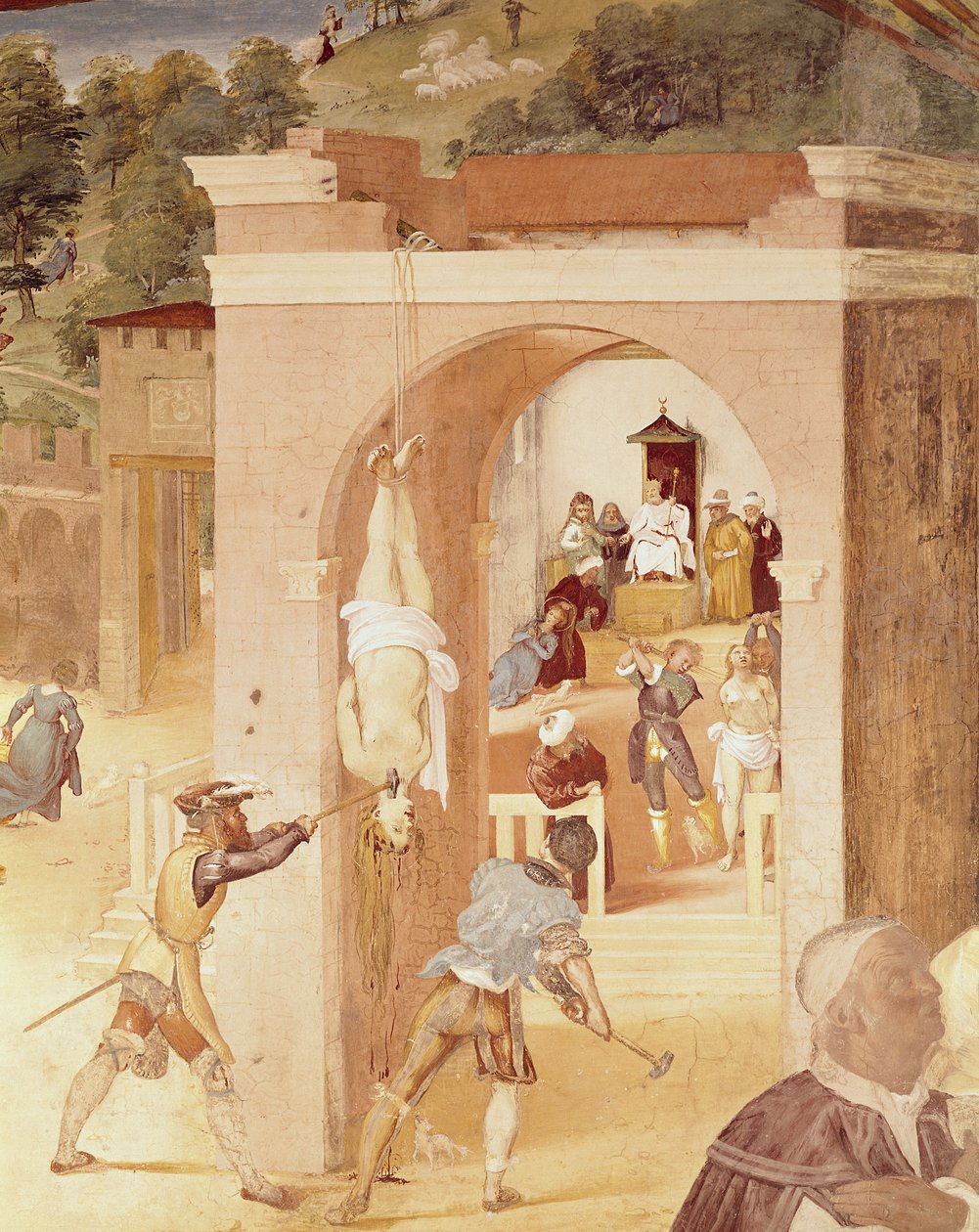 Scener fra St. Barbaras liv, detalje af St. Barbara overgivet til den romerske prælat, Marcian, og derefter tortureret, 1523-24 af Lorenzo Lotto