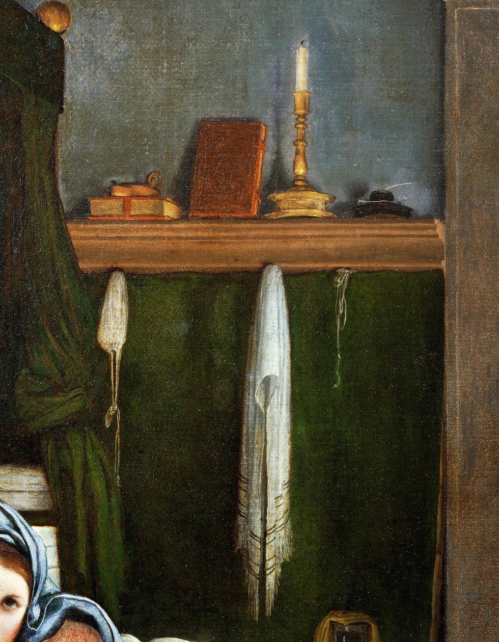 Hylde med kandelaber og bøger, detalje fra bebudelsen, ca 1434, af Lorenzo Lotto (1480-1556), olie på lærred af Lorenzo Lotto