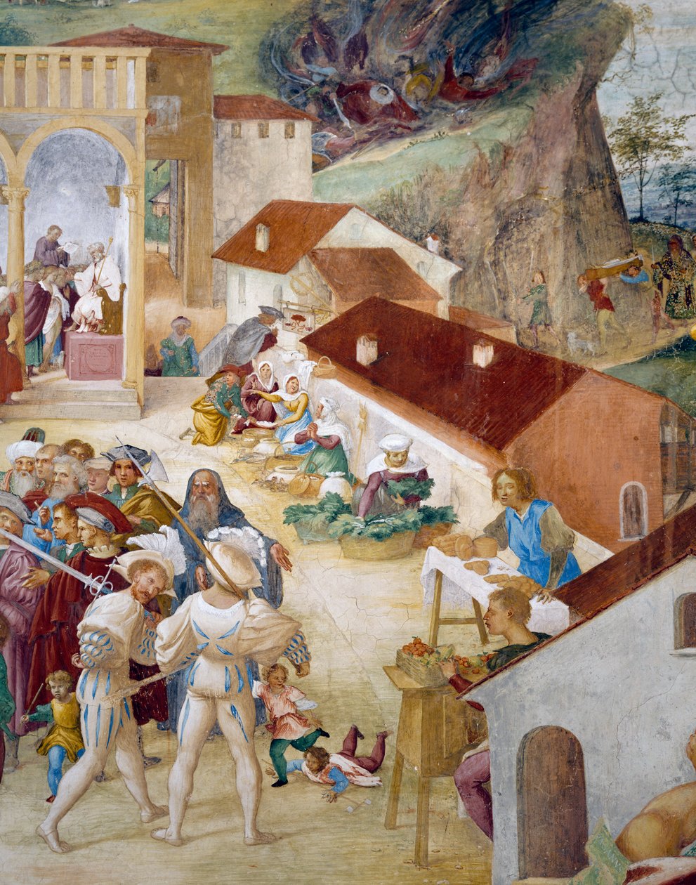 Soldater, almindelige mennesker og marked, detaljer fra Stories of Saint Barbara af Lorenzo Lotto