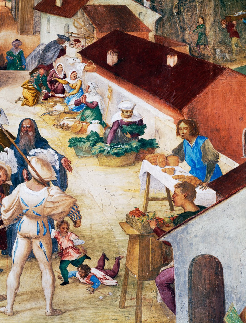Soldater, bønder og marked, detaljer fra Stories of Saint Barbara af Lorenzo Lotto