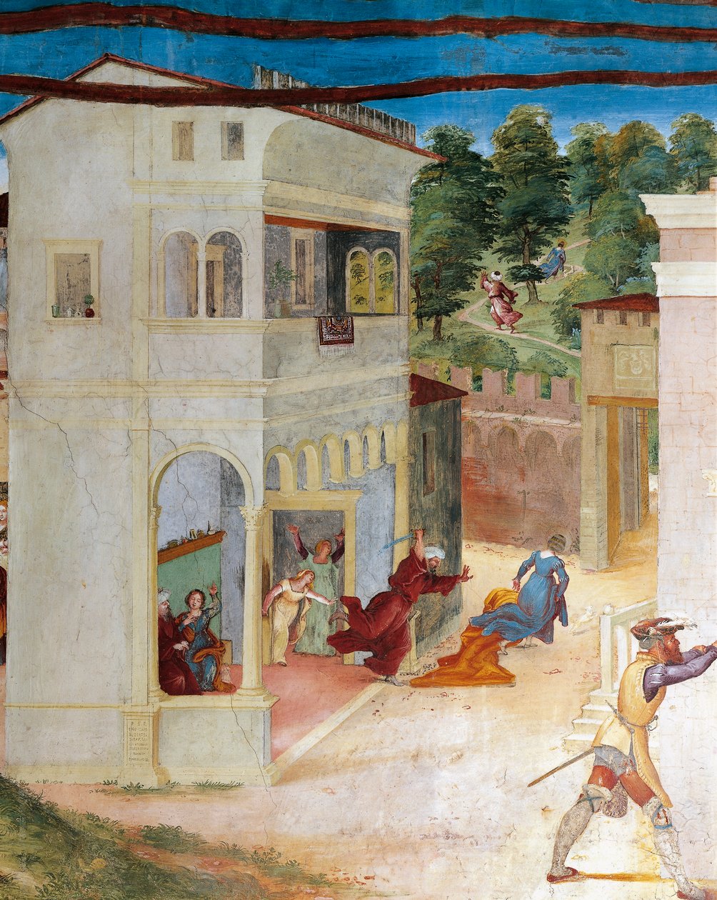 St. Barbara angrebet af sin far, detalje fra Christ-Vine og Legend of Saint Barbara af Lorenzo Lotto (cirka 1480 - 1556), fresco, detalje, Villa Suardi, Capella Suardi, Trescore Balneario af Lorenzo Lotto