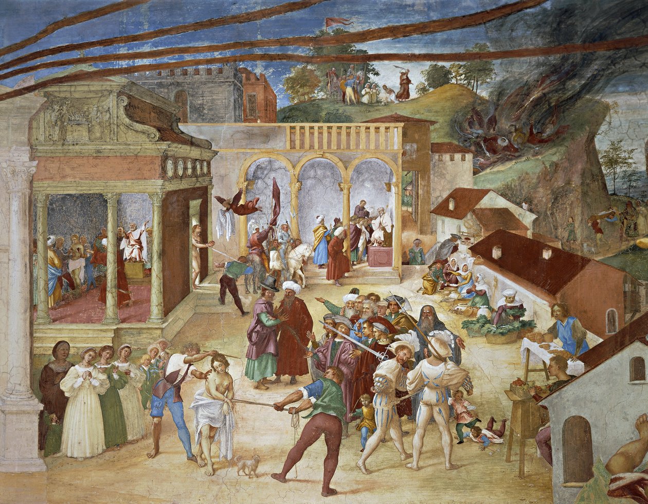 St. Barbara bliver ført gennem byens gader, detaljer fra Christ-Vine og Legend of Saint Barbara af Lorenzo Lotto (cirka 1480 - 1556), fresco, detaljer, Villa Suardi, Capella Suardi, Trescore Balneario af Lorenzo Lotto