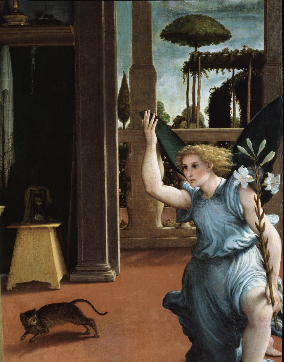 Bebudelsen, detalje af englen af Lorenzo Lotto