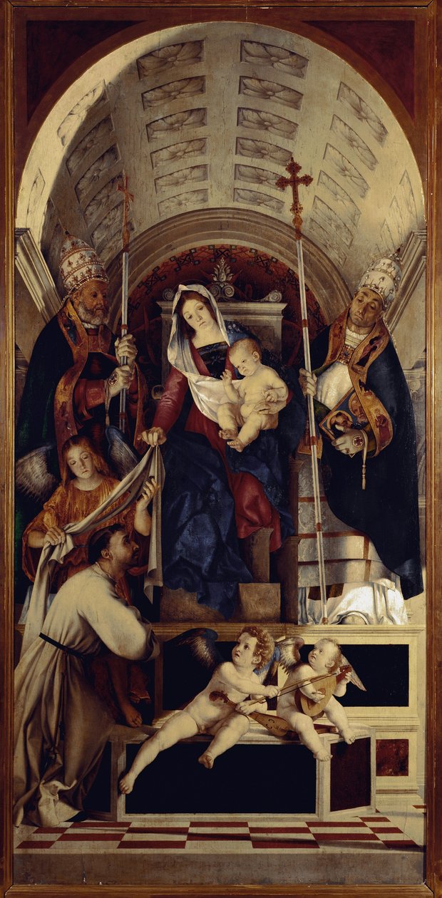 Jomfruen og barnet med Saint Dominica, Saint Gregoire og Saint Urban - Central del af Recanati polyptic (1508, olie på træ) af Lorenzo Lotto