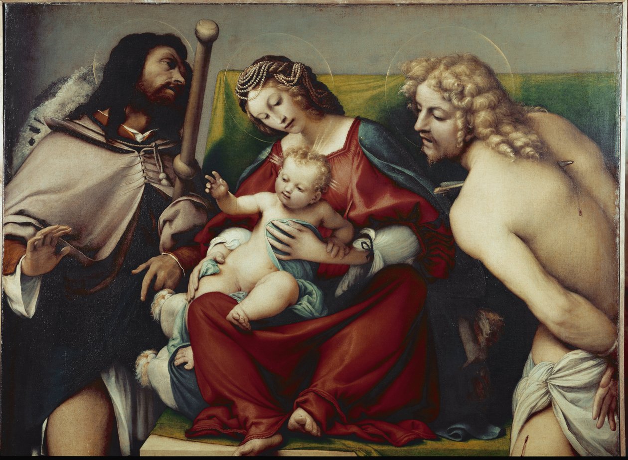 Jomfruen og barnet med den hellige Roch og den hellige Sebastian (cirka 1518, olie på lærred) af Lorenzo Lotto