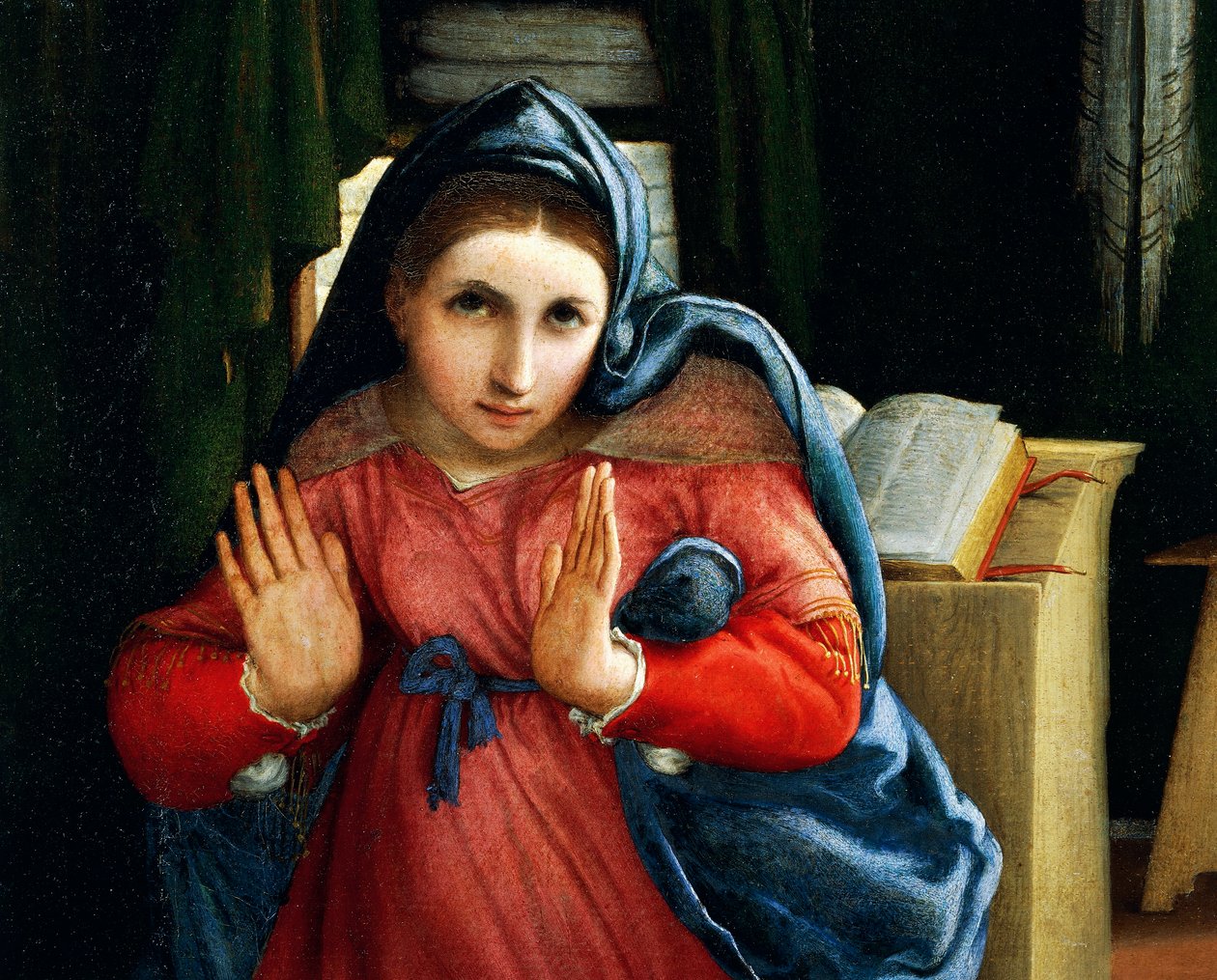 Jomfruen annonceret, detalje fra bebudelsen, ca 1434, af Lorenzo Lotto (1480-1556), olie på lærred af Lorenzo Lotto