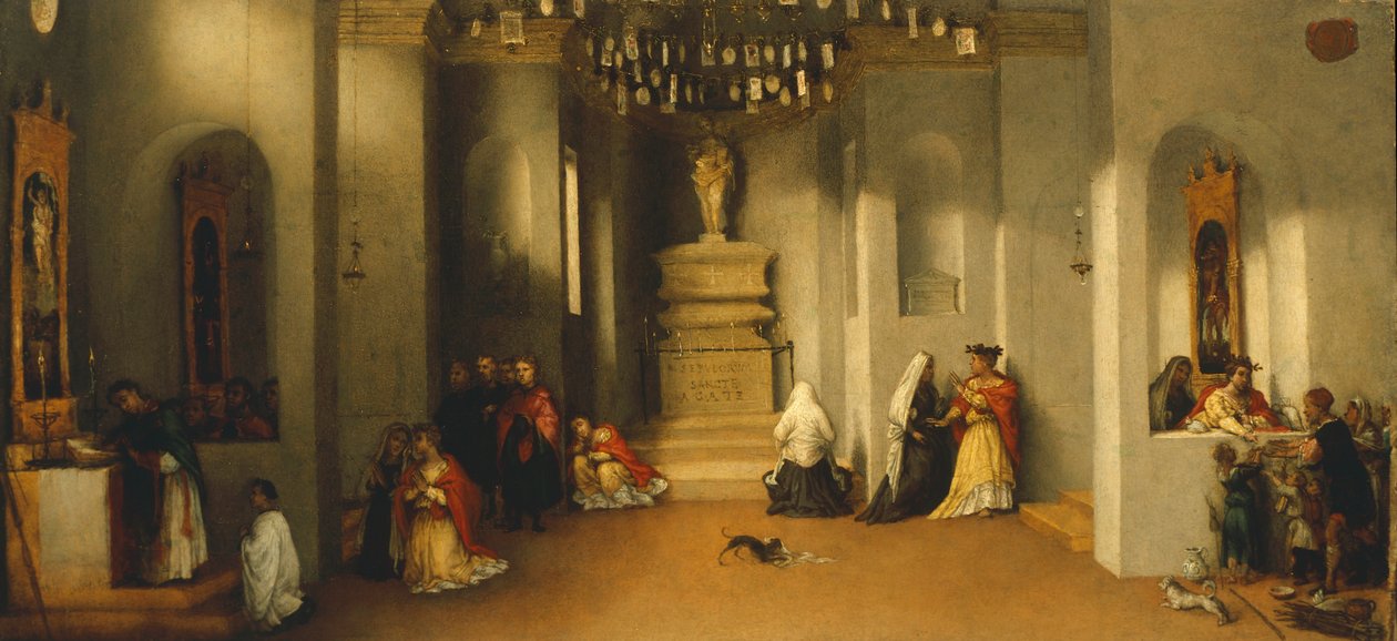 Sankt Lucias kaldelse, første panel af predella af altertavle af Sankt Lucia eller Sankt Lucia før dommer af Lorenzo Lotto (1480 ca- 1556), olie på panel, 32x69 cm af Lorenzo Lotto