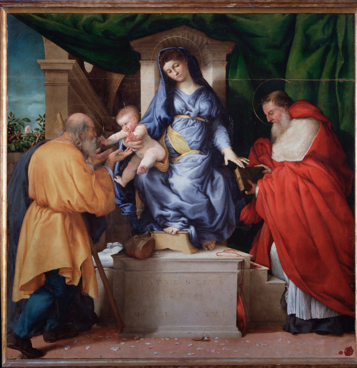 Jomfru med barn med St. Jerome og St. Joseph (kaldet Madonna delle Rose) - Maleri af Lorenzo Lotto