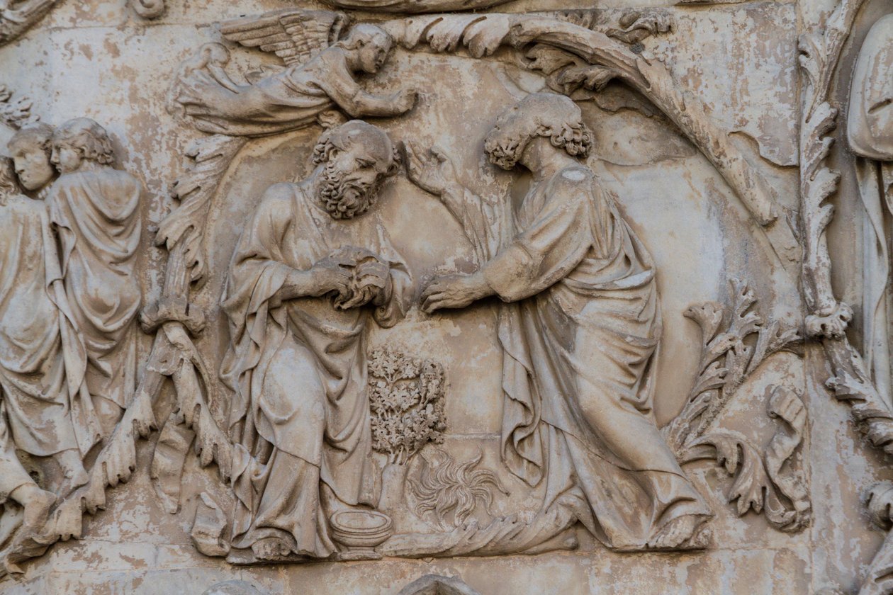 Gideon vrider fleece, detaljer fra Jesse-træ og messianske profetier, Historier om Genesis, basrelieffer af Lorenzo Maitani (før 1275-1330), anden søjle, facade af Orvieto-katedralen, Umbrien, Italien af Lorenzo Maitani
