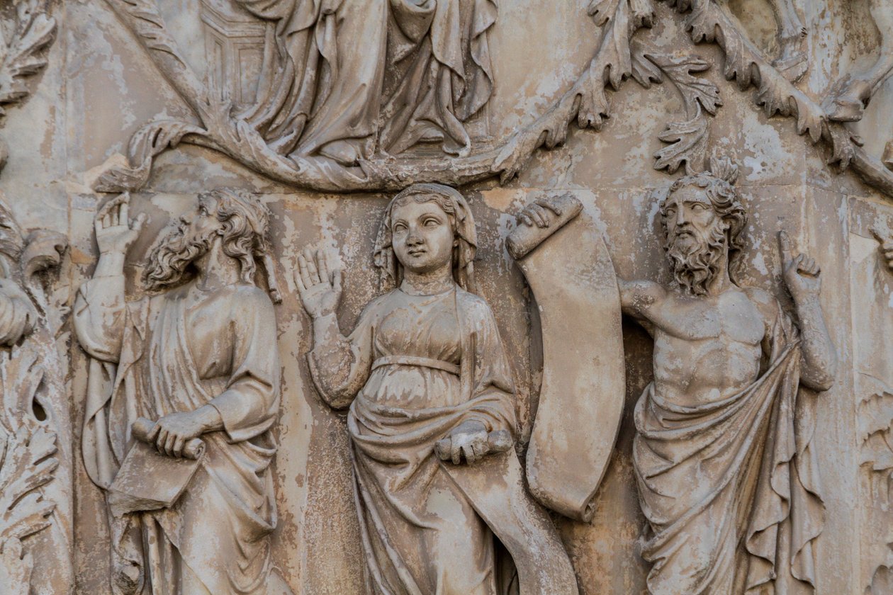 Profeter, detaljer fra Jesse-træet og messianske profetier, Historier om Genesis, basrelieffer af Lorenzo Maitani (før 1275-1330), anden søjle, facade af Orvieto-katedralen, Umbrien, Italien af Lorenzo Maitani