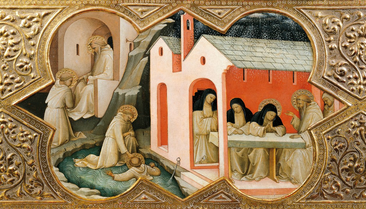 Altertavle af Jomfruens kroning (Incoronazione della Vergine). Detalje, der repræsenterer scener fra St. Benedikt af Nursias liv af Lorenzo Monaco