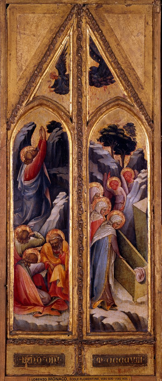 Jesus ved Oliebjerget og de hellige kvinder ved Lorenzo Monacos Diptykongrav (1365/70-1425). Mål: 0,66 x 0,26 m. Paris, Musée du Louvre af Lorenzo Monaco