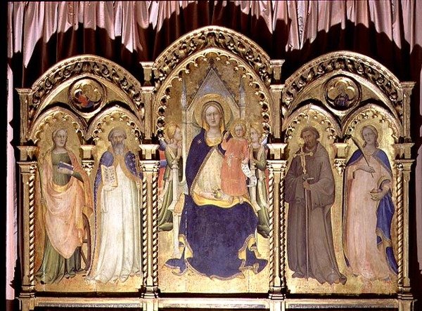 Madonna og barn med troner med SS. Lucy, John Gualberto, Benedict og Catherine, polyptych 1413 af Lorenzo Monaco