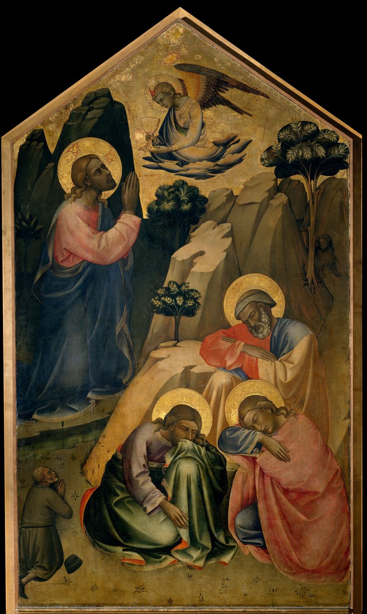 Bøn i Oliehaven Kristus ser i bøn englen, som bærer ham den hellige gral og bekendtgør hans død. Skt. Peters, St. Johannes og St. Jakobs apoters sover. Maleri på træ af Lorenzo Monaco (ca. 1370-ca. 1423/1424) Firenze, Galler af Lorenzo Monaco